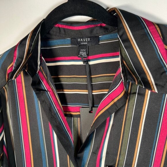 NWT HAVER LONDON Satin Striped V‎ neck Button Up LS Shirt WEAR UNTIED/TIED XS - Picture 4 of 13